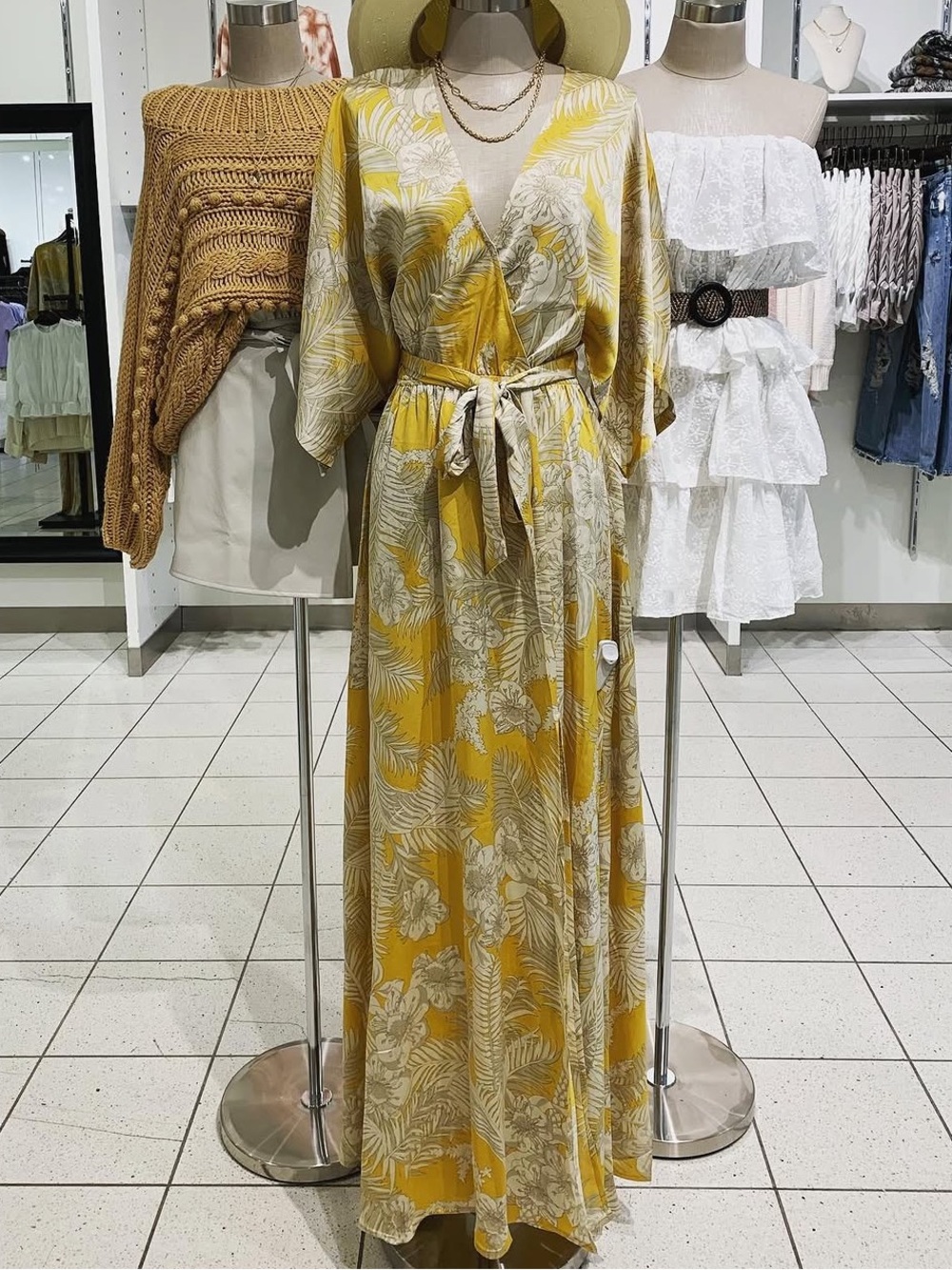 Aakaa Yellow Floral Wrap Maxi Dress with Tie Waist
